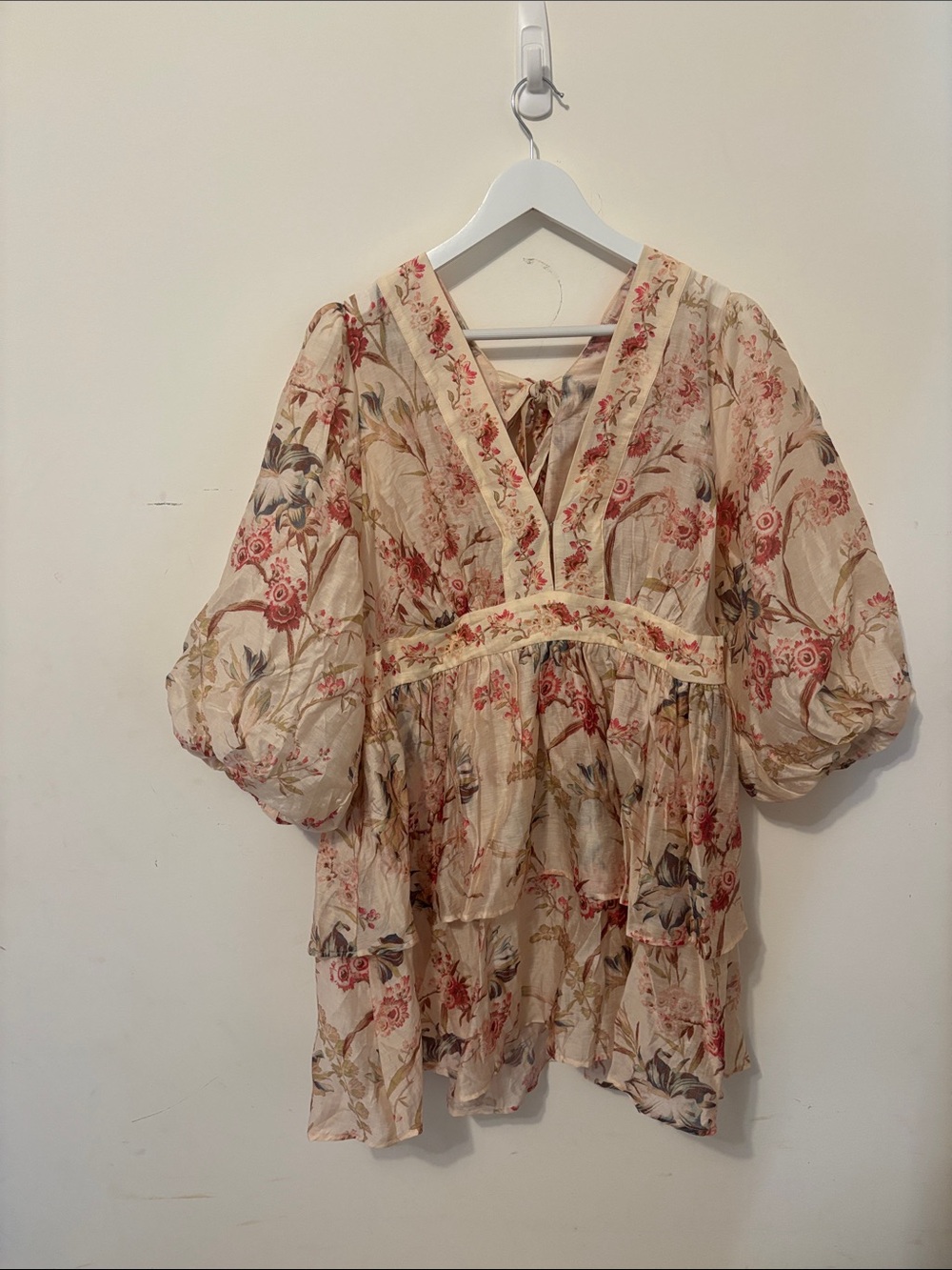 H&M Cream Floral Mini Dress with Pink and Green Accents
